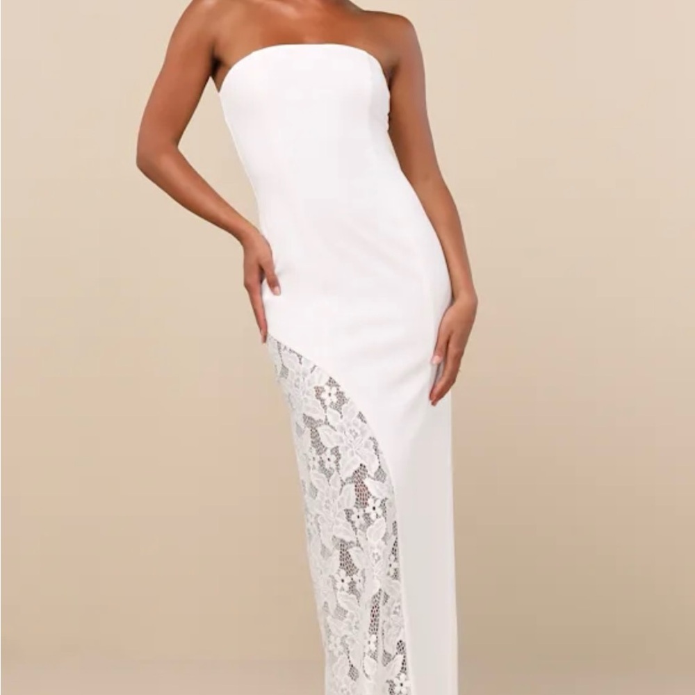 White Strapless Lace Column Maxi Dress